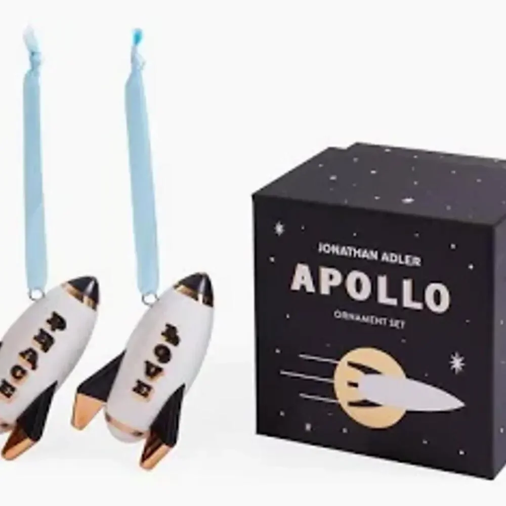 Jonathan Adler ~ Apollo Space Ship Ornament Set ~ Love/Peace ~ Black Gold White